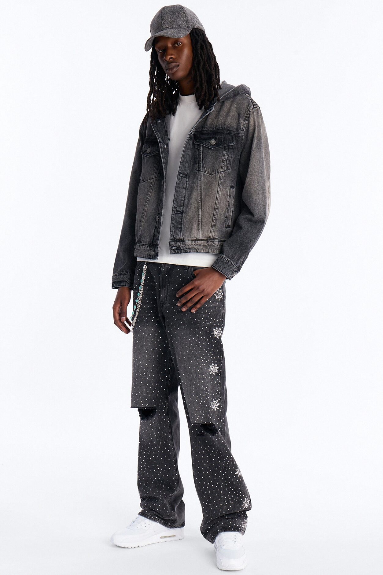 Straight Flare Static Drip Jeweled Jean - Black Wash