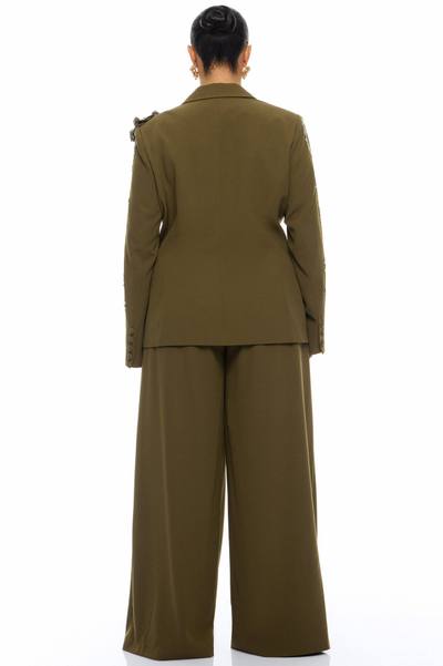 Indie Embellished Blazer Pant Set - Olive
