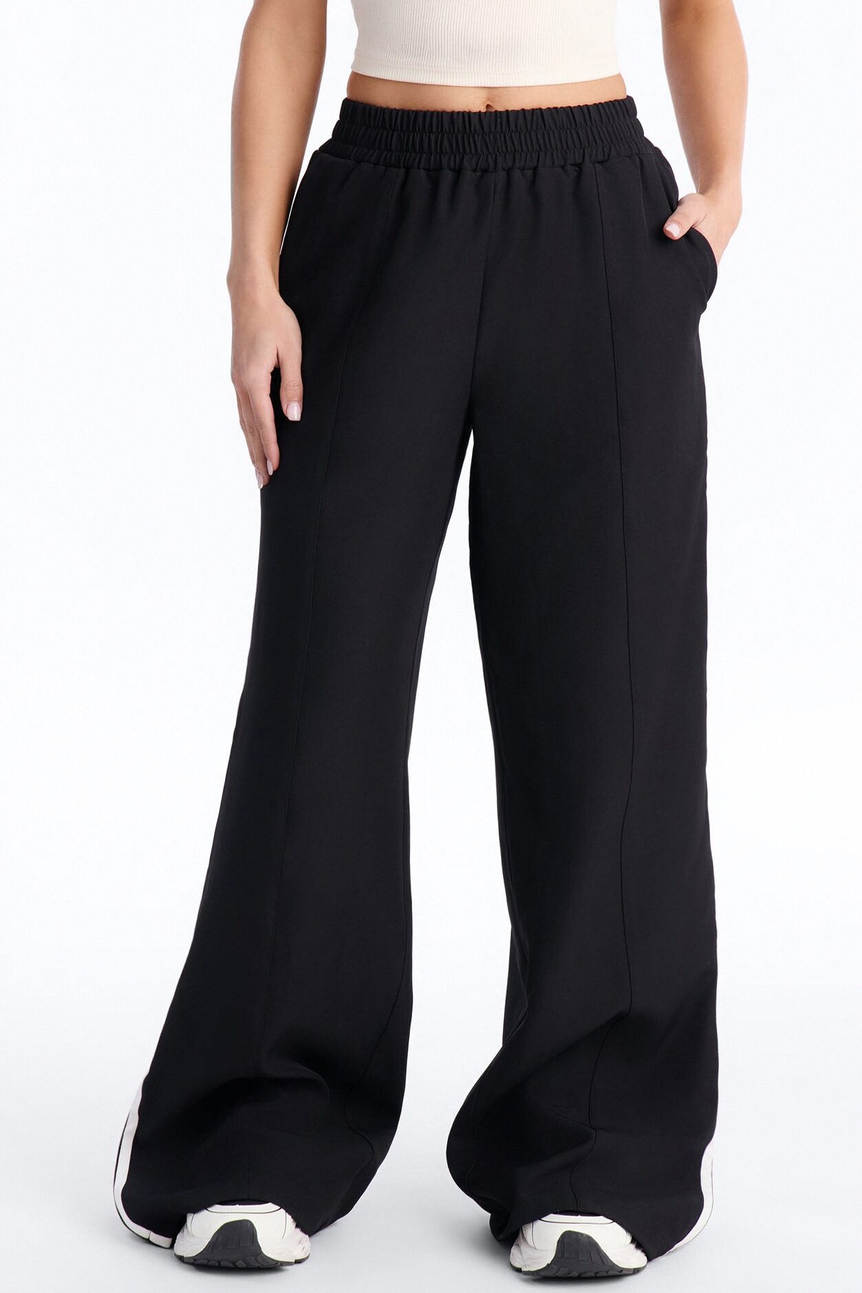 Charlotte Mid Rise Athletic Stripe Wide Leg Pant 33″ - Black/combo
