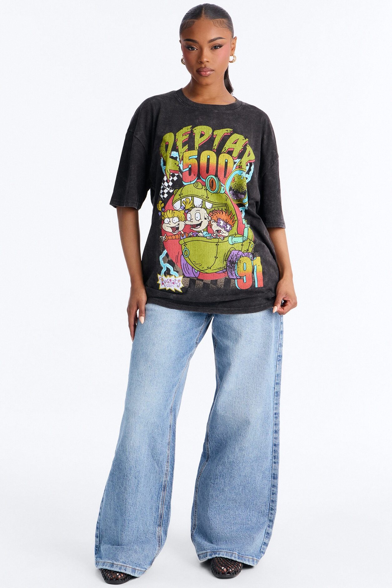 Rugrats Reptar 500 Racing Washed Oversized Tee - Black Wash