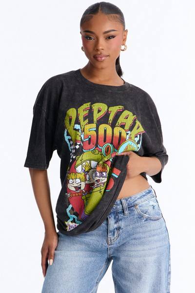 Rugrats Reptar 500 Racing Washed Oversized Tee - Black Wash