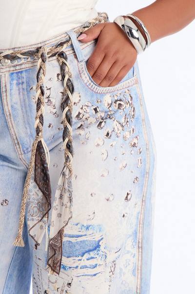 Marlowe Mid Rise Belted Wide Leg Pant 34″ - Blue/combo