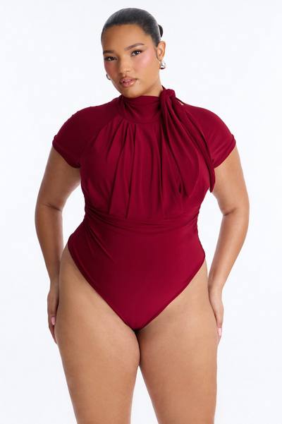 City Dreams Tie Neck Bodysuit - Red