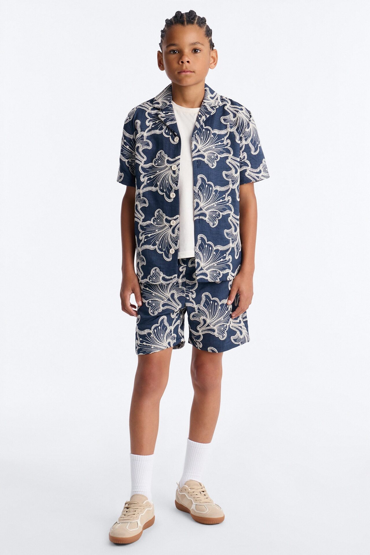 Mini Coastal Drift Cuban Button Up Shirt - Navy