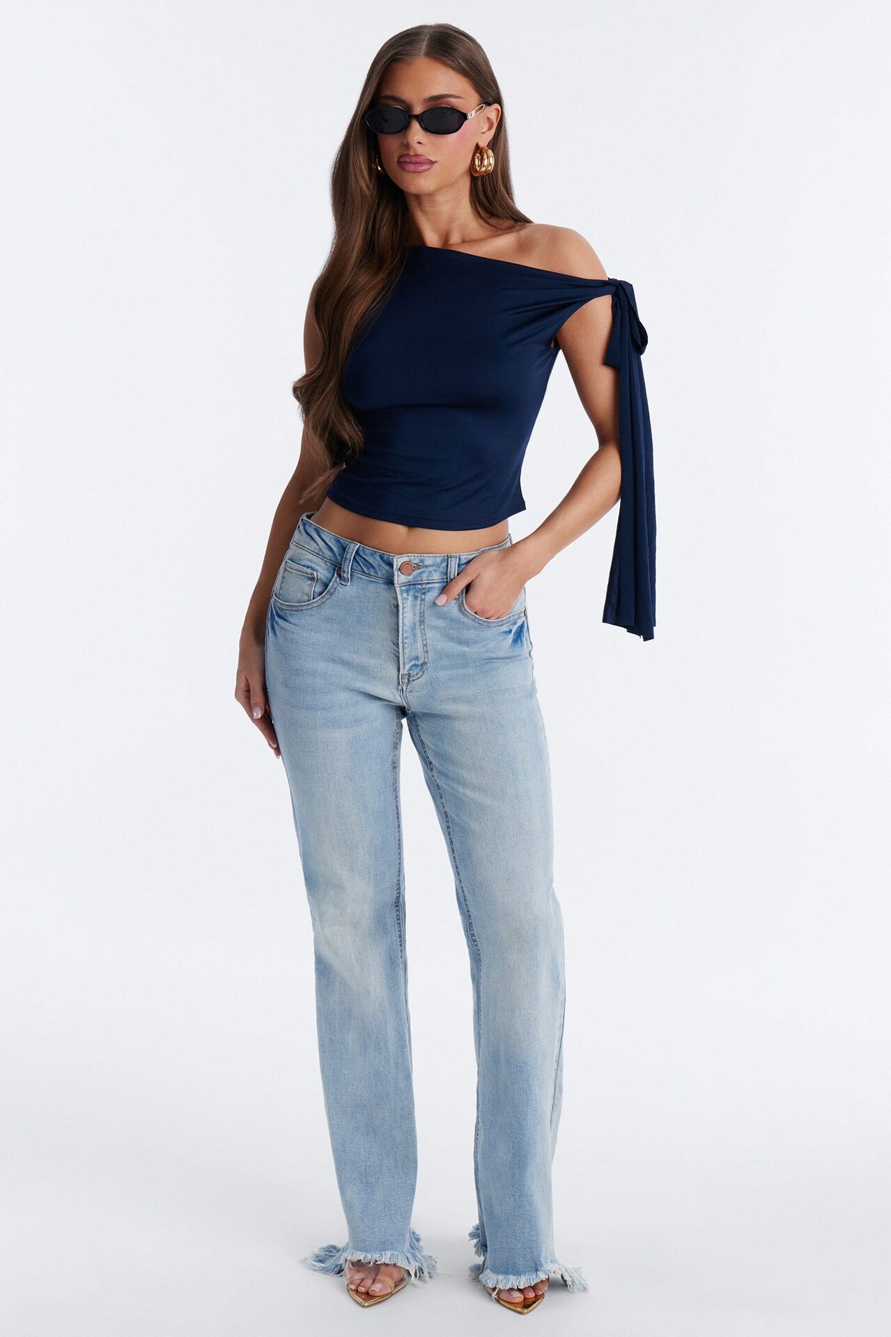 Young And Free Raw Hem Flare Jeans - Light Wash