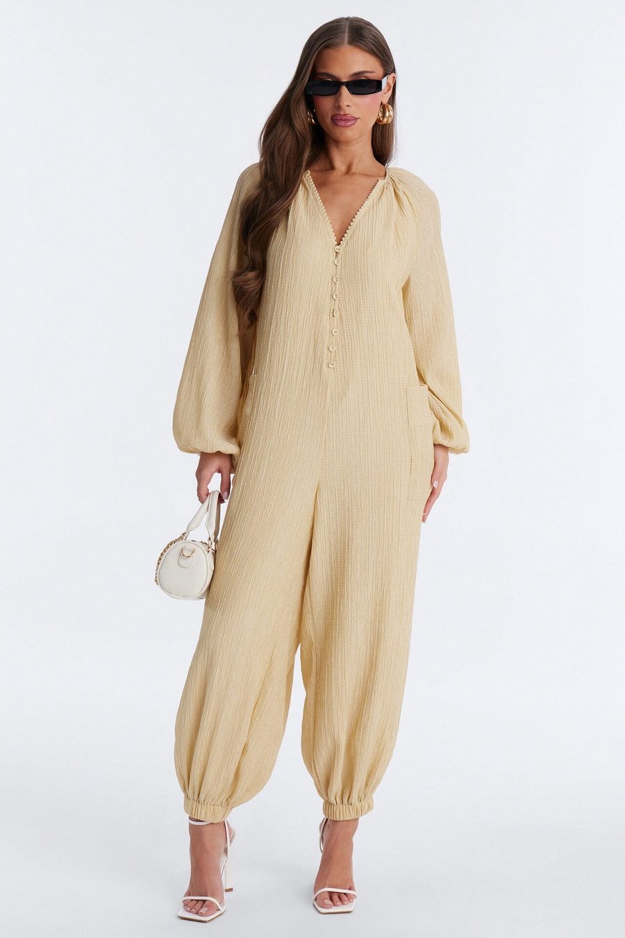 Bec Long Sleeve Balloon Wide Leg Jumpsuit - Mocha/combo