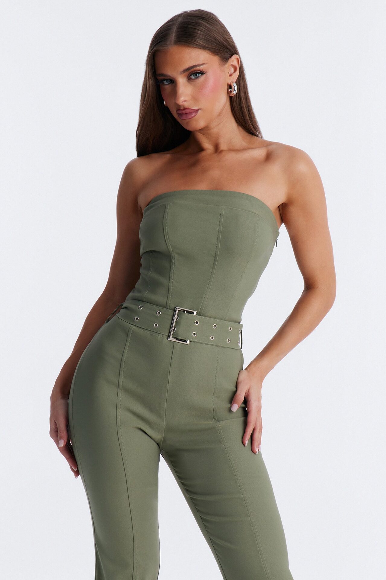 Uma Belted Flare Leg Jumpsuit - Green