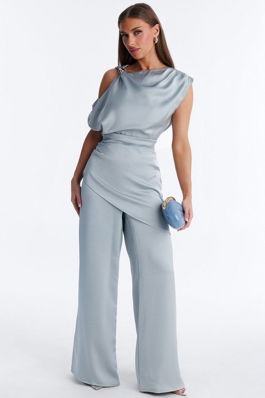 Mallory Satin Asymmetrical Pant Set - Blue
