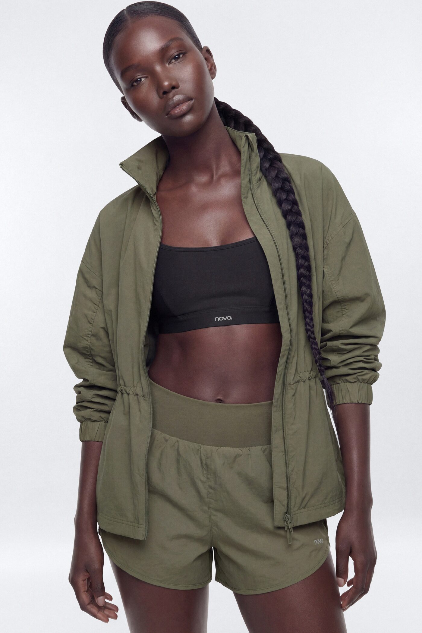 CoreNylon Ruched Mock Neck Jacket - Moss