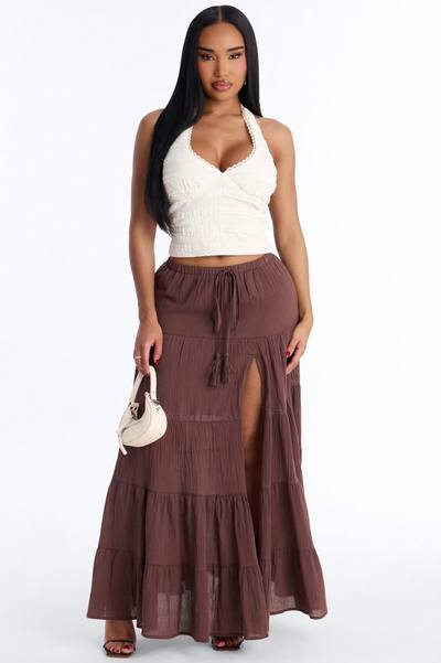 Bohemian High Slit Tiered Gauze Maxi Skirt - Brown