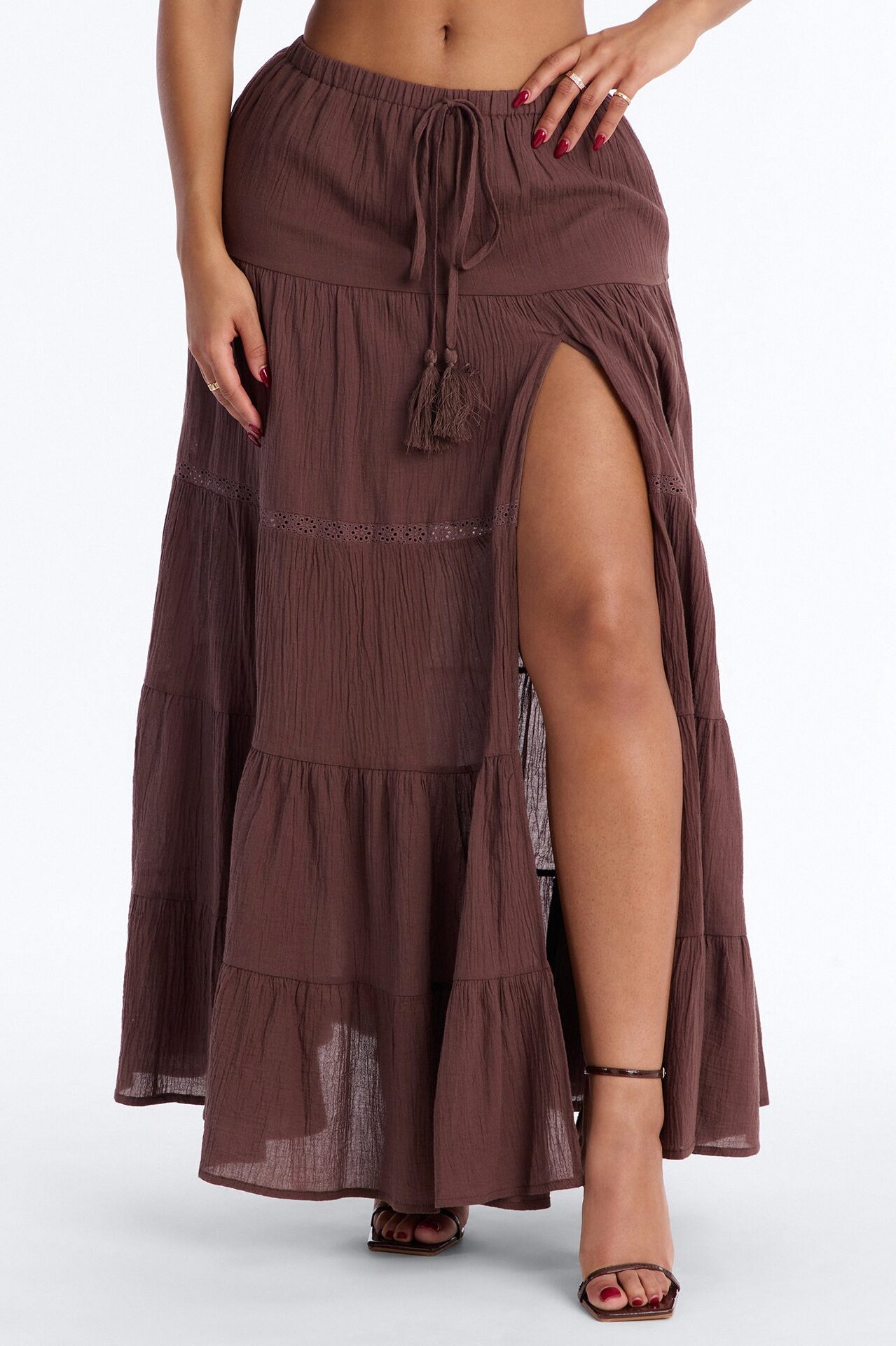 Bohemian High Slit Tiered Gauze Maxi Skirt - Brown