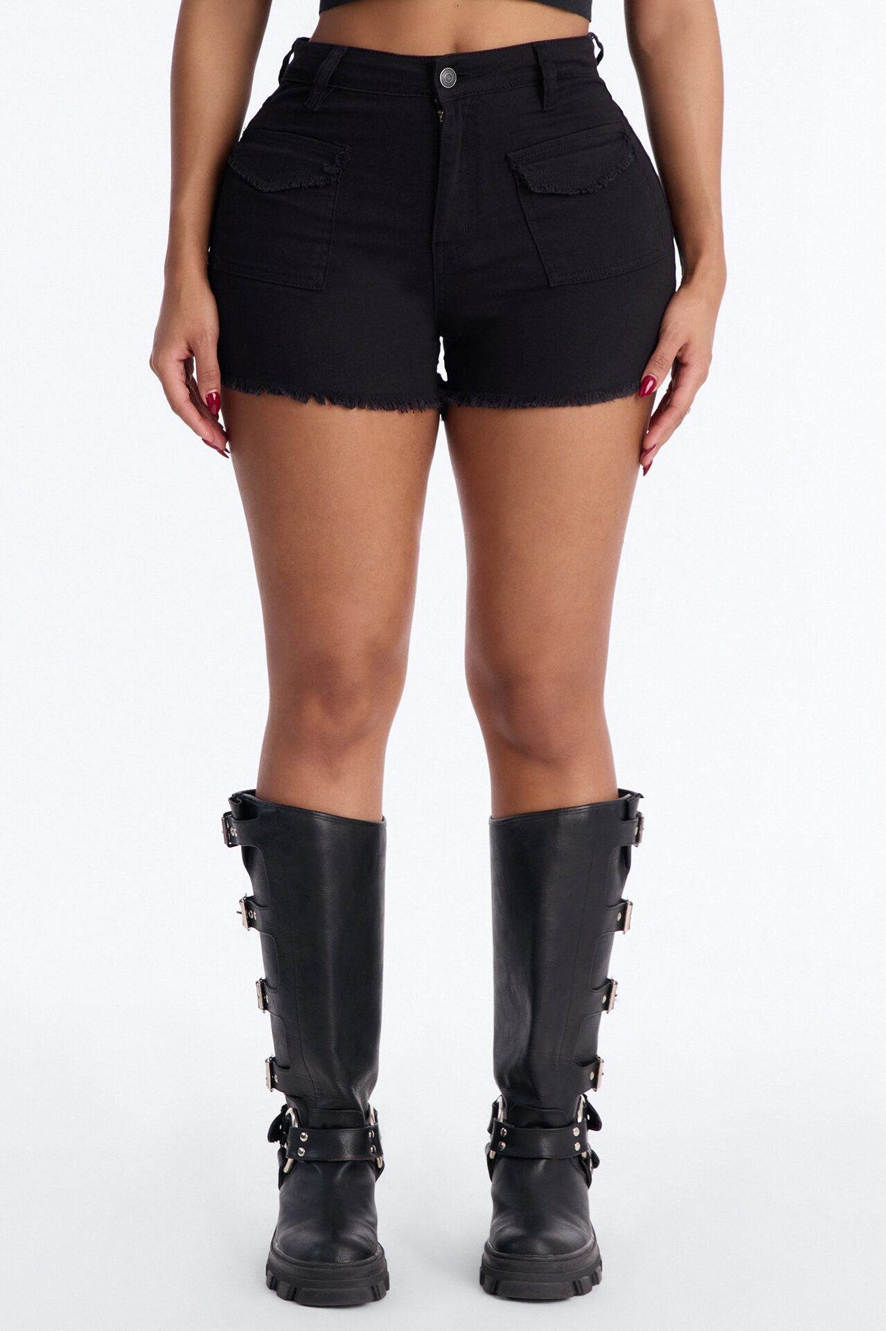 Call The Shots Stretch Denim Cut Off Shorts - Black