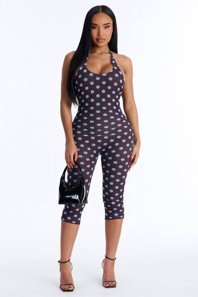 Amaya Polka Dot Mesh Capri Jumpsuit - Brown