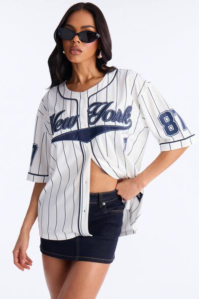 New York Pinstripe Baseball Jersey - White