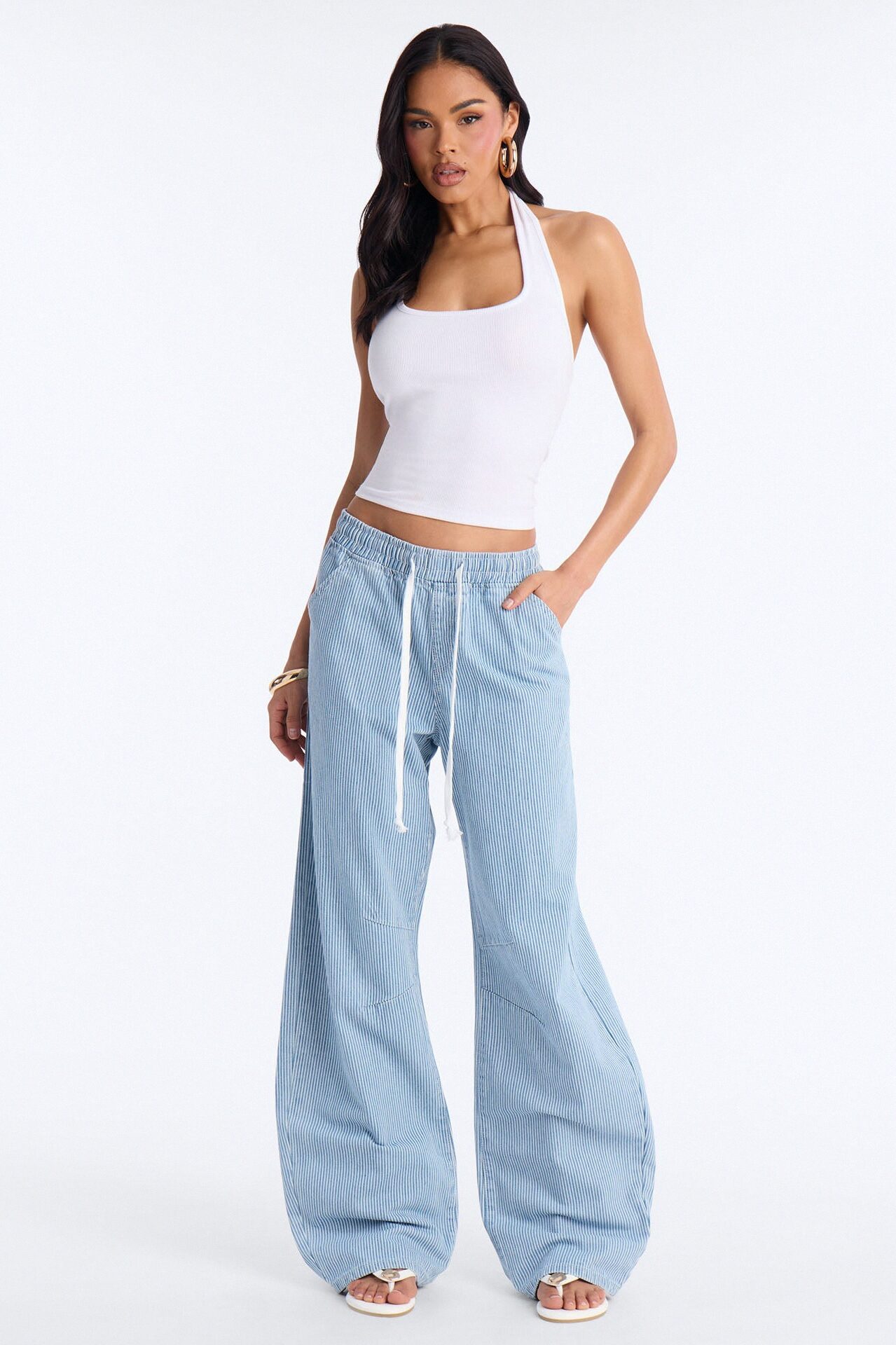Oceanside Tie Waist Striped Tie Waist Jeans - Light Wash