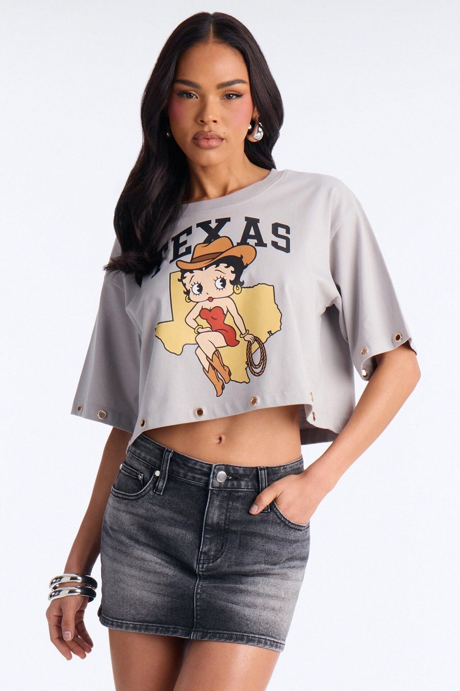 Betty Boop Texas Cropped Tee With Studs - Grey