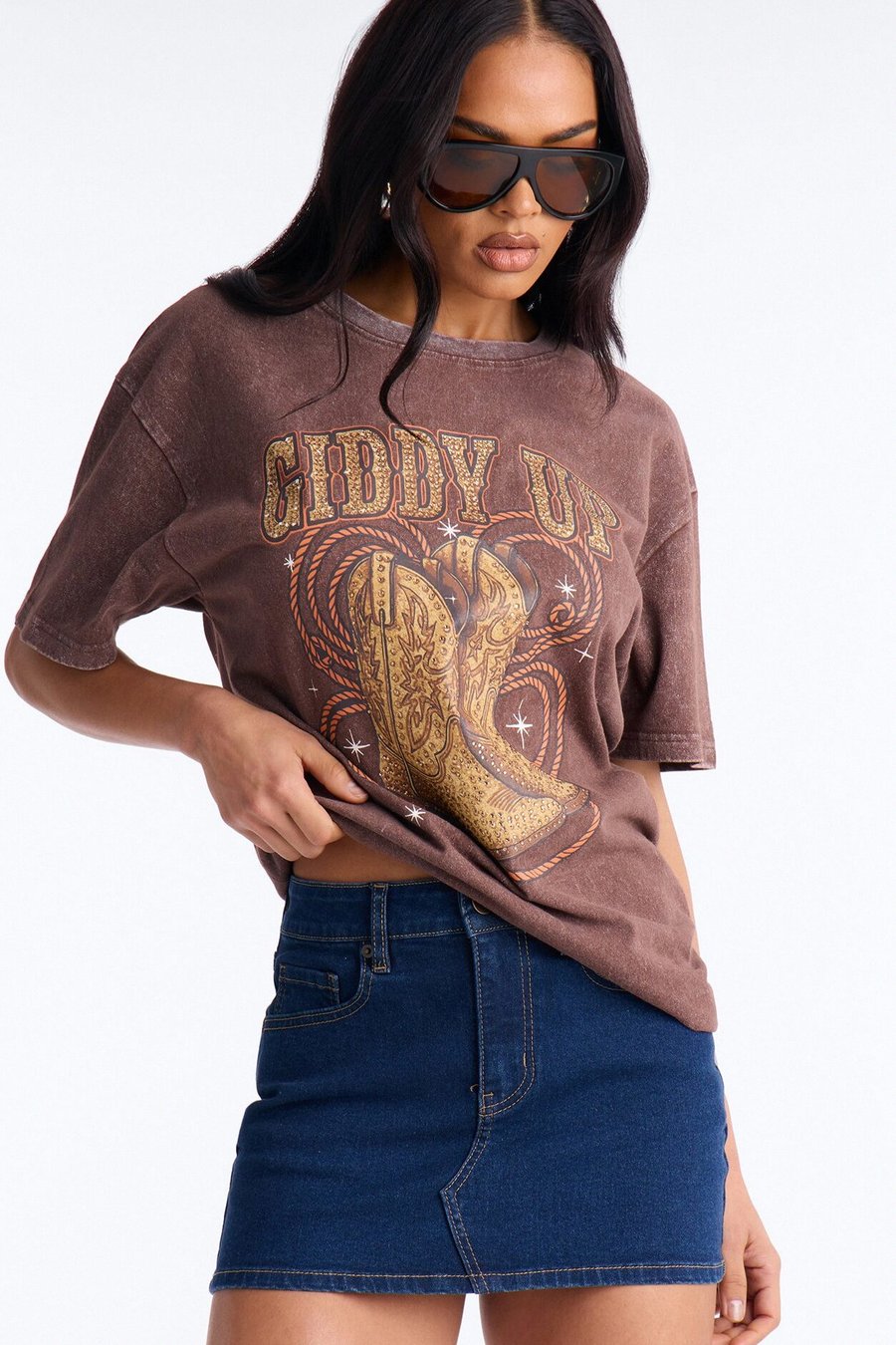 Giddy Up Boots Washed Tee With Rhinestones - Brown