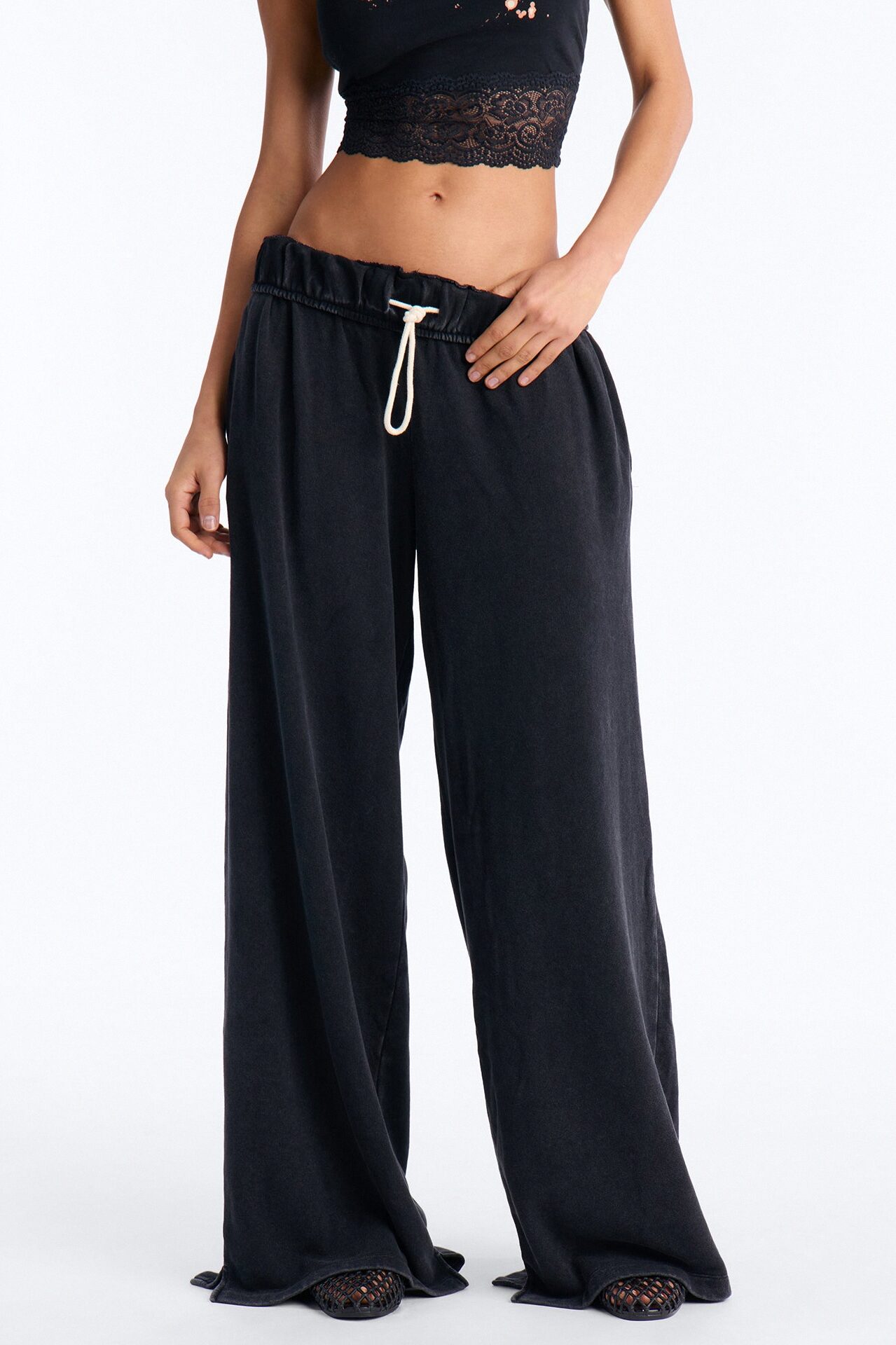Sophia French Terry Foldover Waist Washed Sweatpant - Black