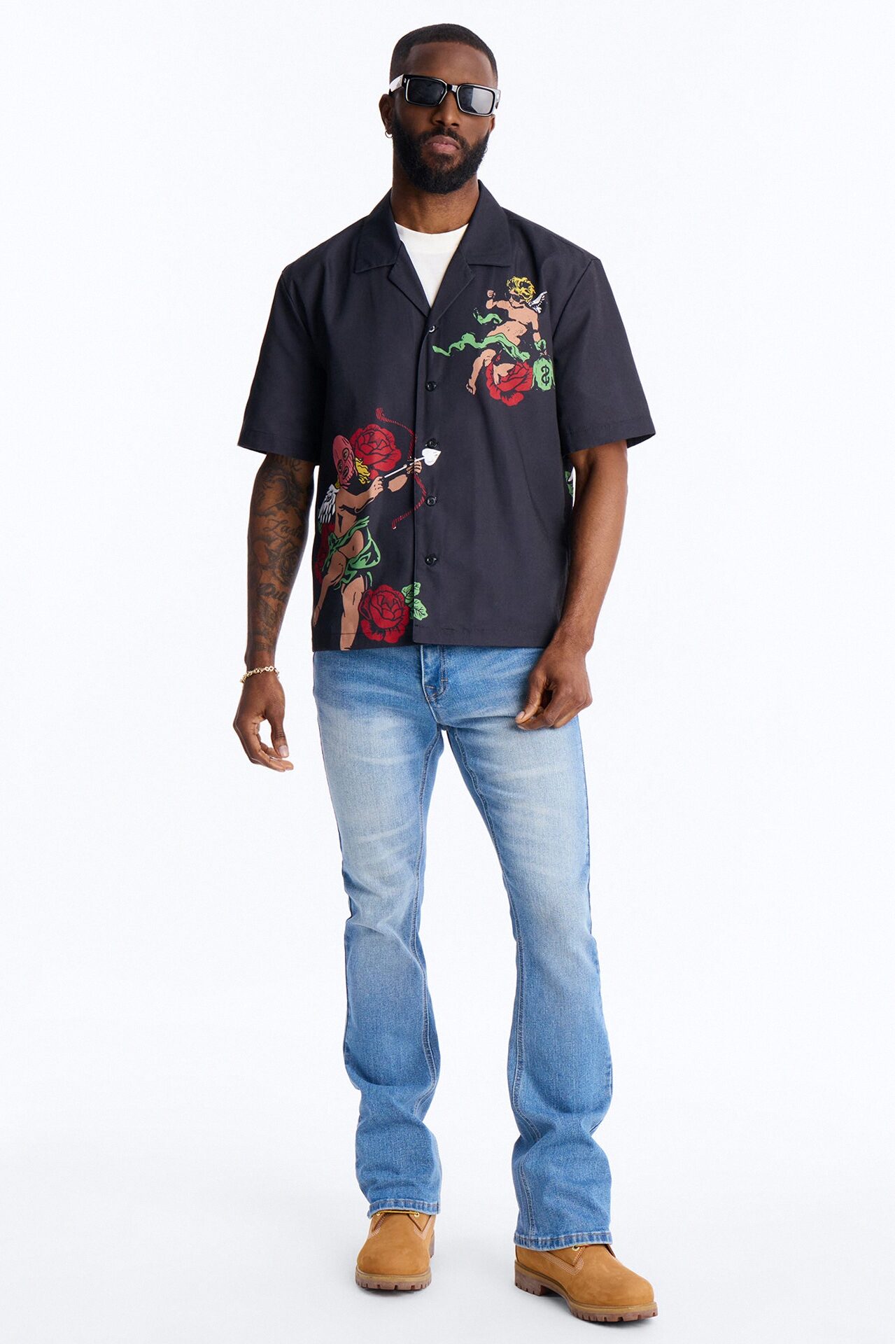 Rose Angel Street Cuban Collar Shirt - Black