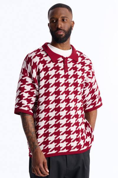 Houndstooth Short Sleeve Knitted Polo - Burgundy