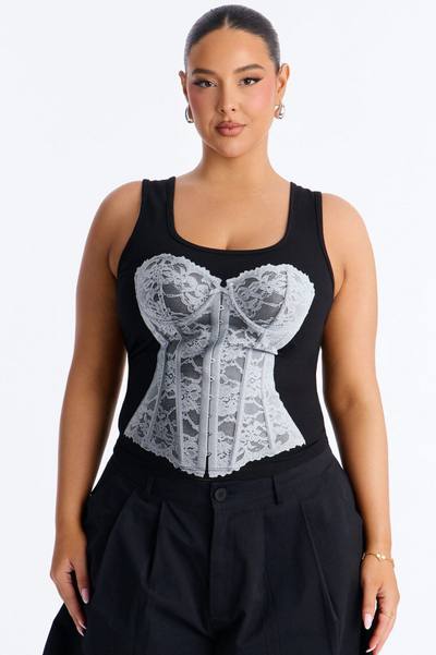 Lace Corset Graphic Tank - Black