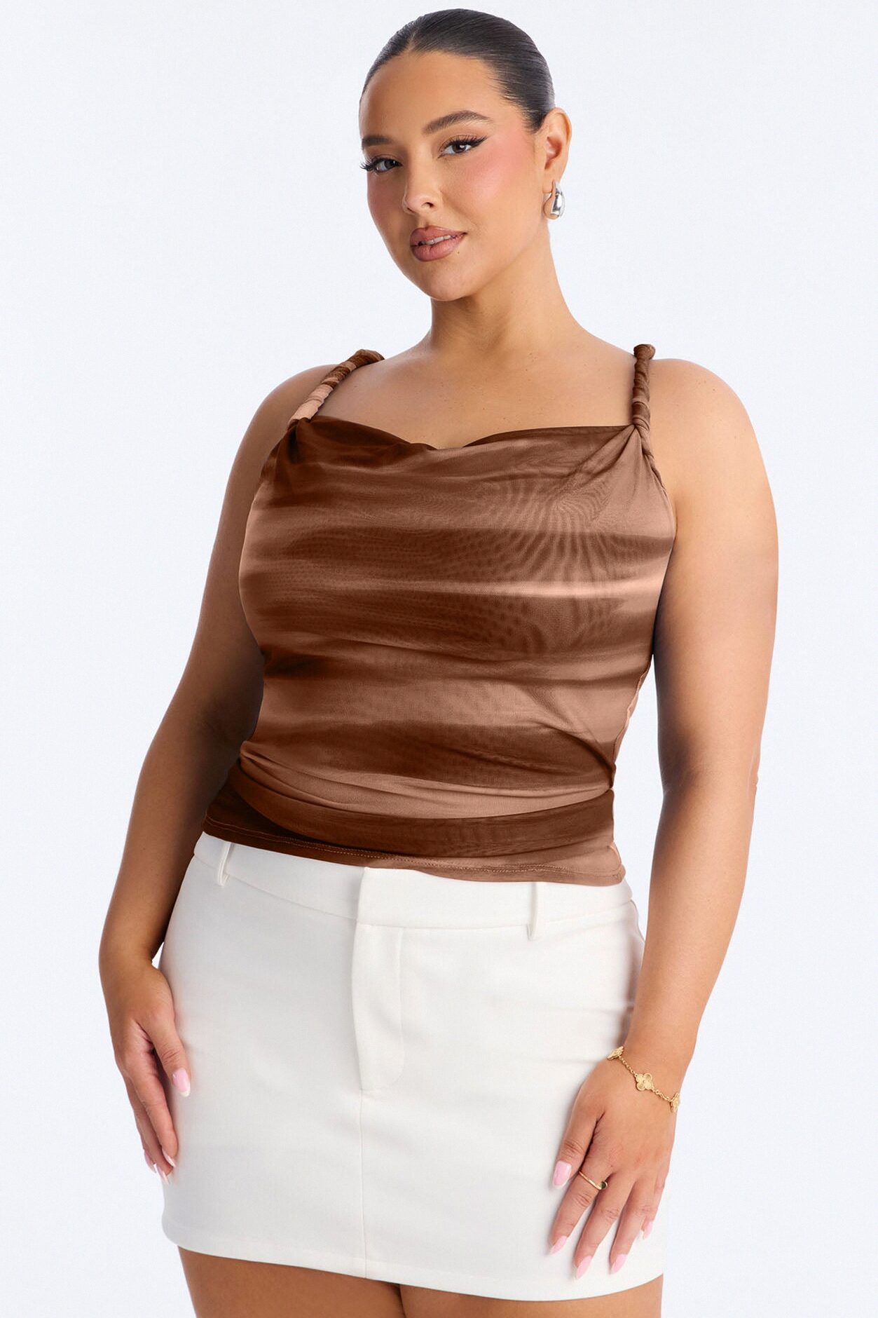 Abstract Dream Mesh Cowl Neck Twist Top - Taupe/combo