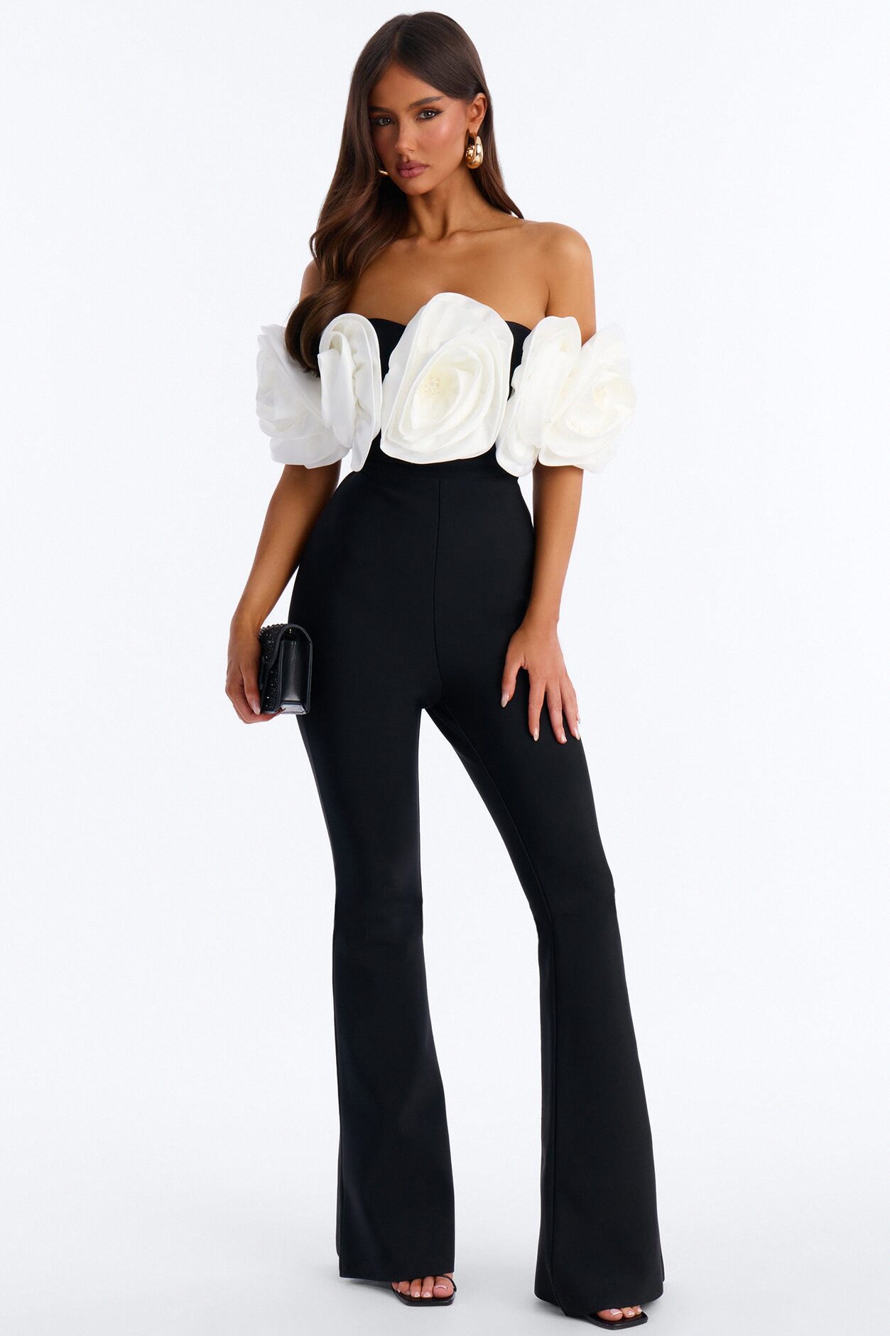 Elizabeth Bandage Floral Flare Jumpsuit - Black/White
