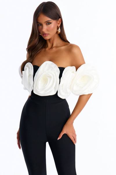 Elizabeth Bandage Floral Flare Jumpsuit - Black/White