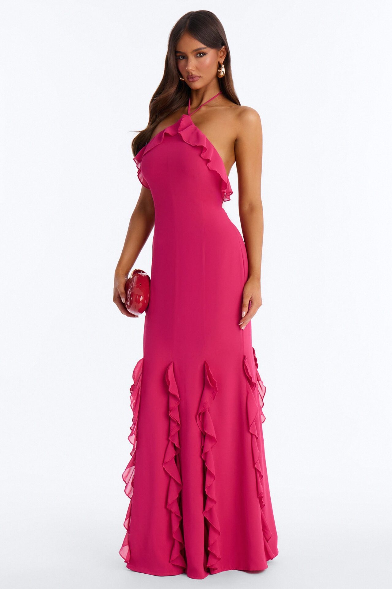 Carmen Ruffle Chiffon Maxi Dress - Hot Pink