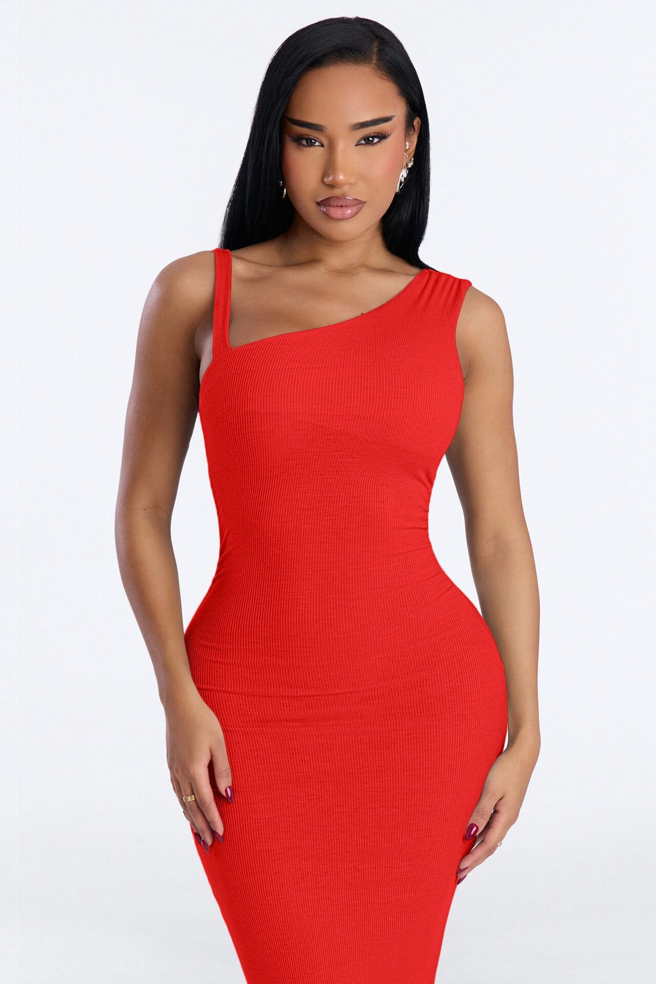 Adria Ribbed Midi Dress - Red
