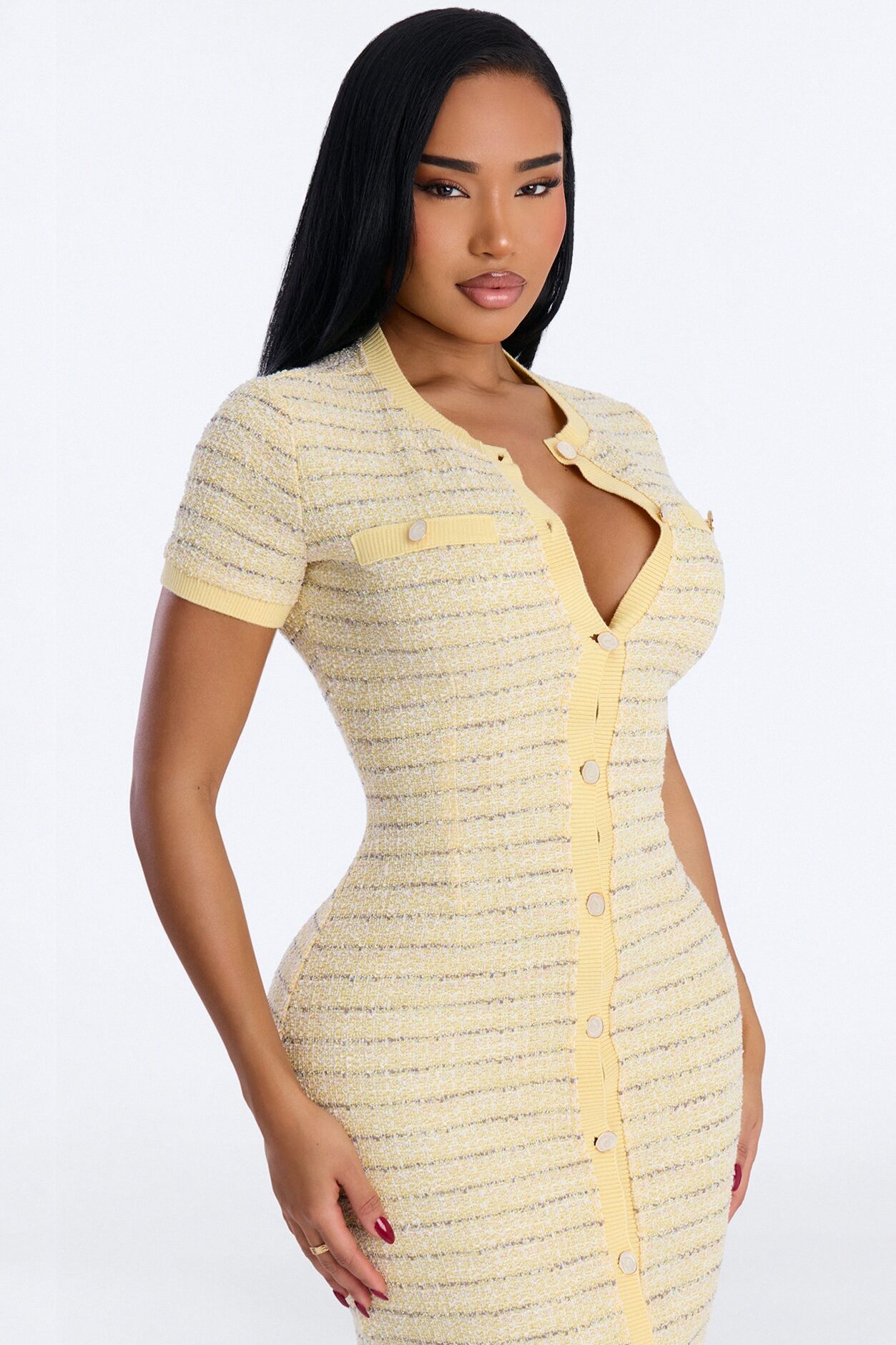 Kelsey Button Up Tweed Midi Dress - Yellow