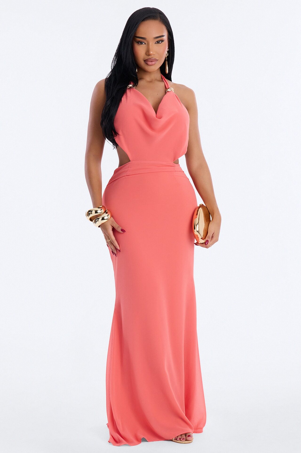 Daliah Backless Chiffon Maxi Dress - Coral