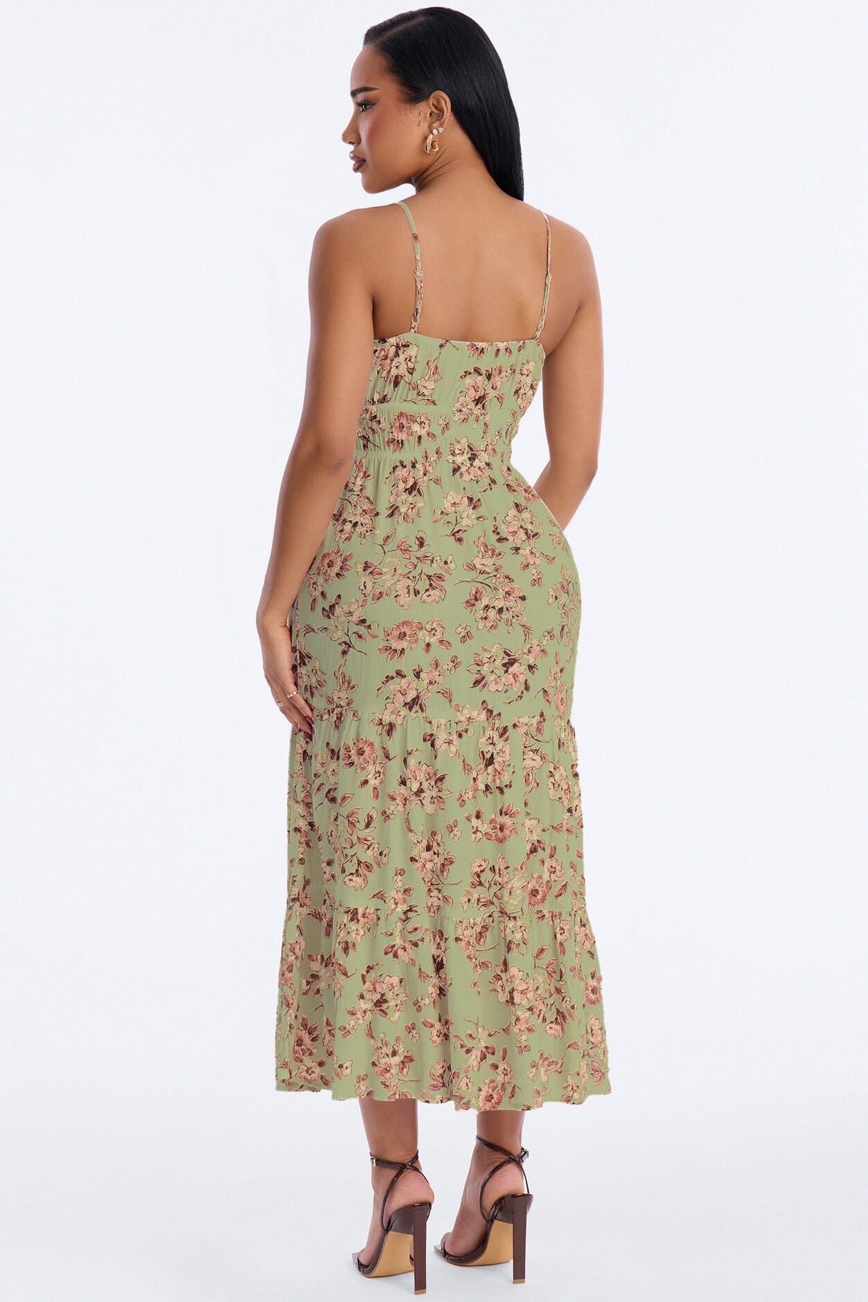Anneliese Floral Rayon Midi Dress - Olive