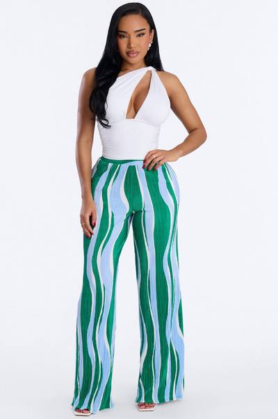In The Tropics Abstract Plisse Wide Leg Pant 33″ - Green/combo
