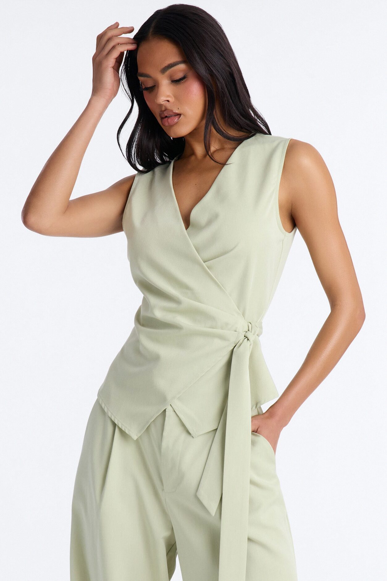 Sarah Fitted Vest Pant Set - Sage