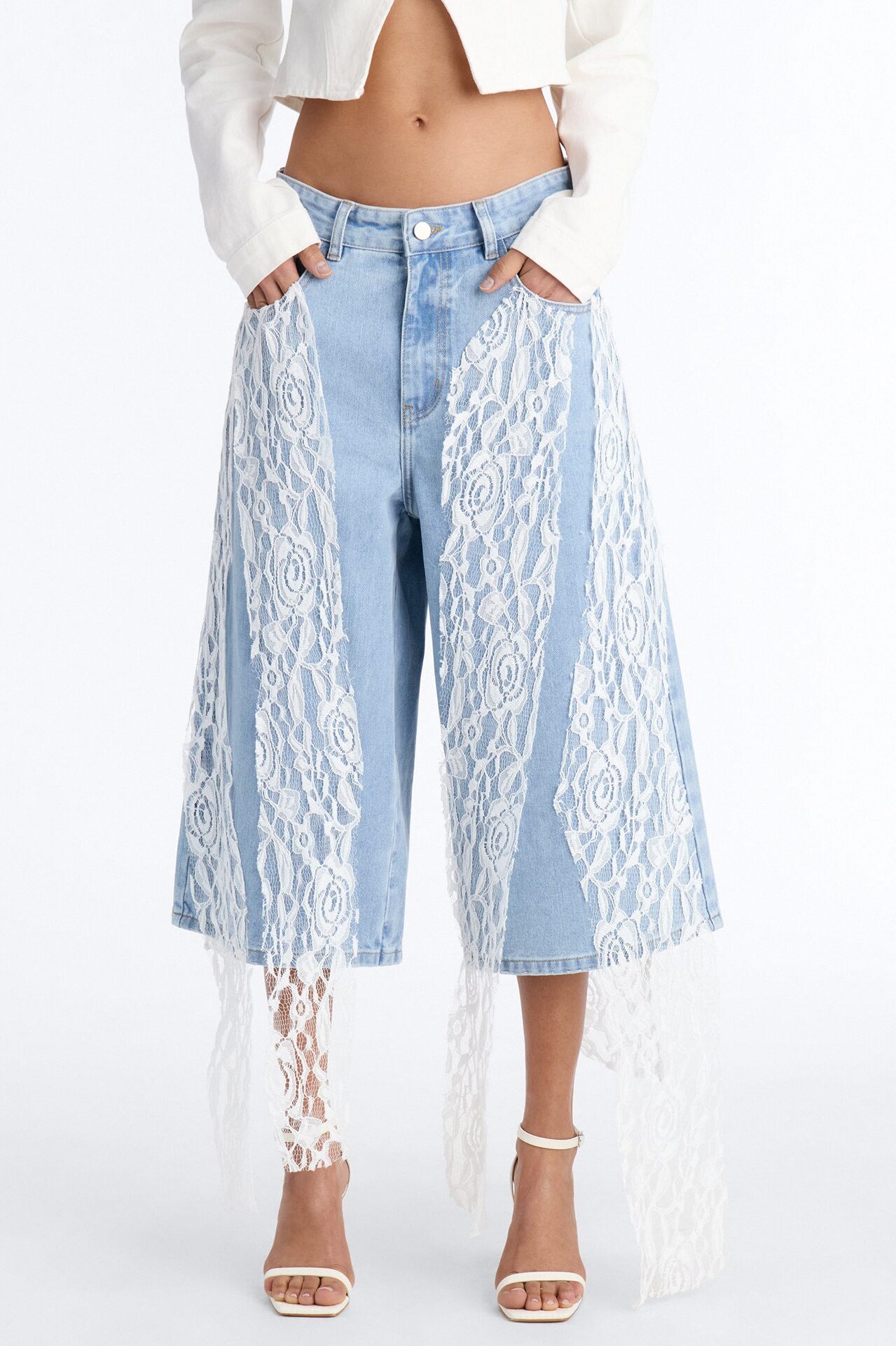 Delicate Dreams Lace Trim Culotte Jeans - Light Wash