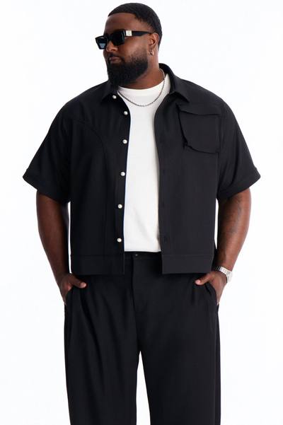 Pearl Paneled Utility Button Up Shirt - Black