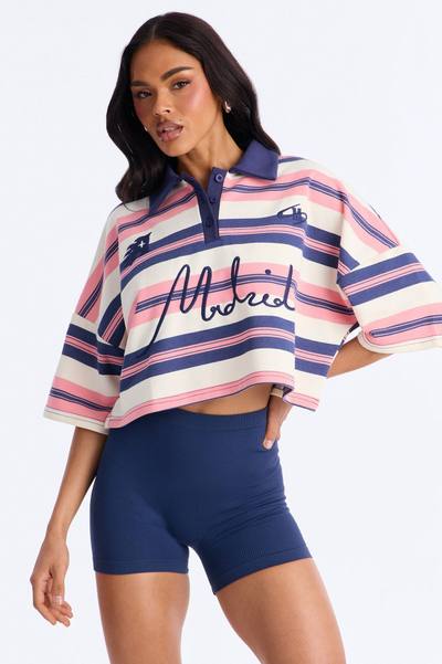 Madrid Stripe Cropped Polo Top - Navy/combo