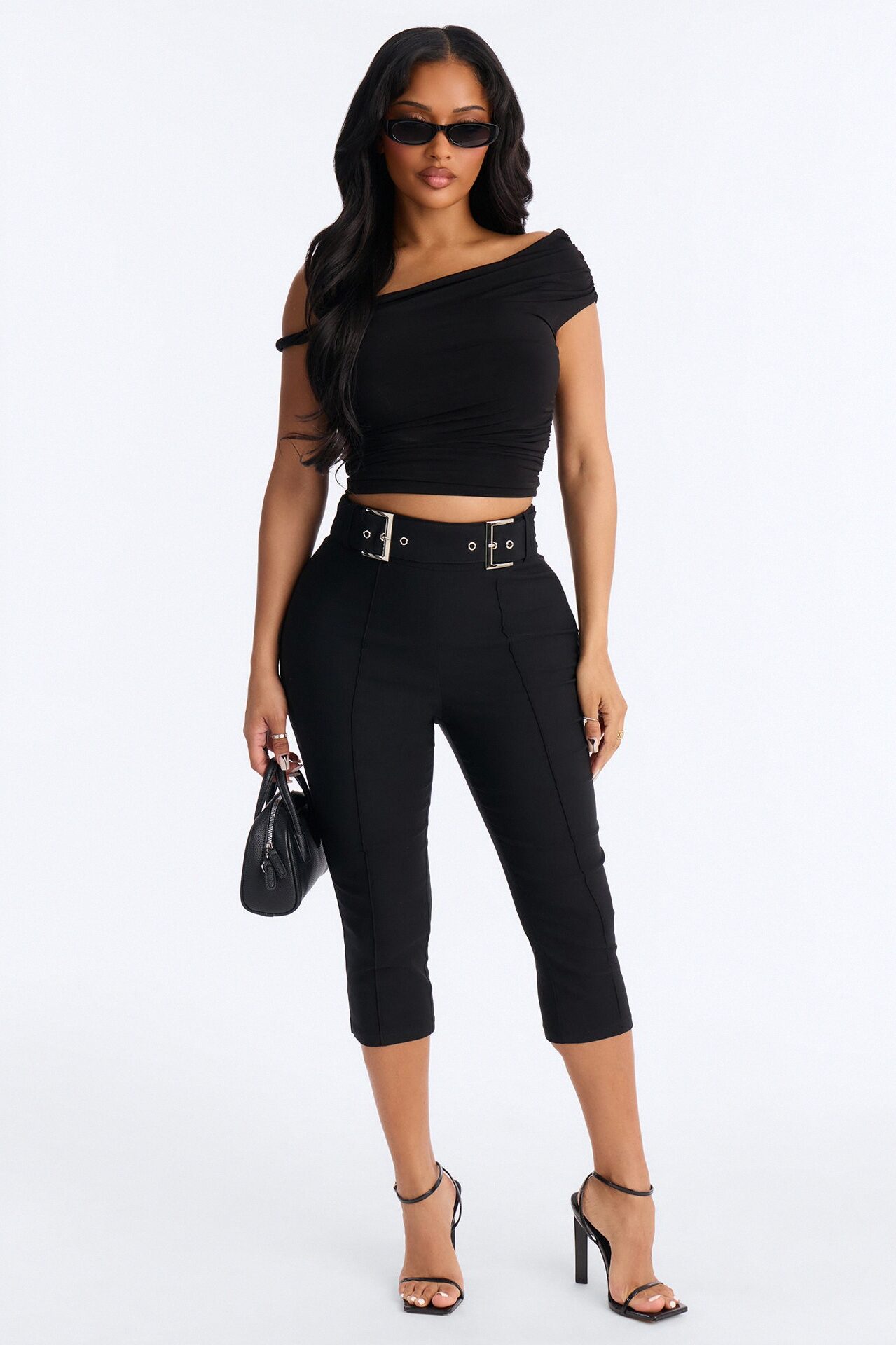 Makayla High Rise Buckle Skinny Capri Pant 19″ - Black