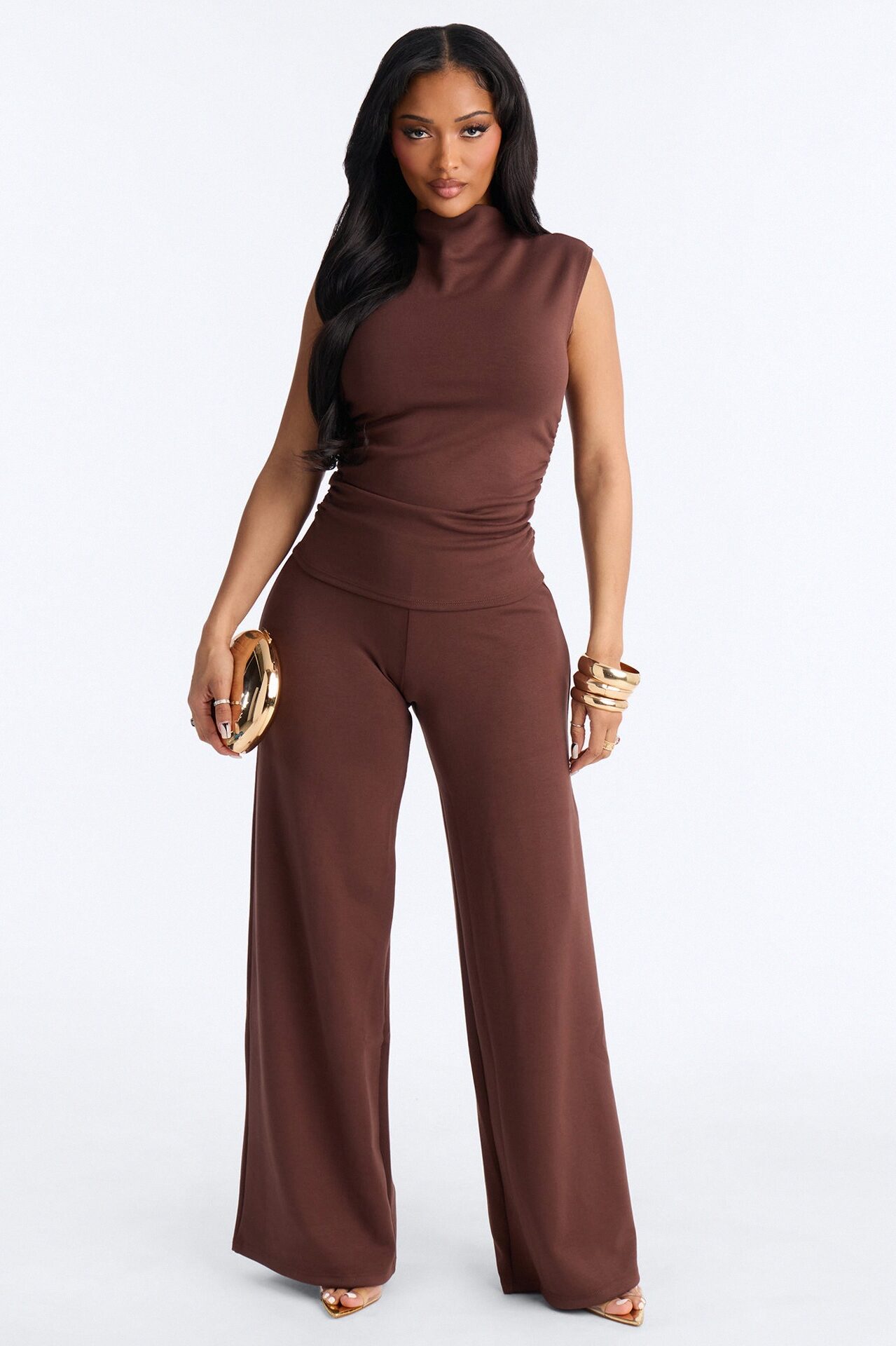 Kiana Sleeveless Mock Neck Pant Set - Chocolate
