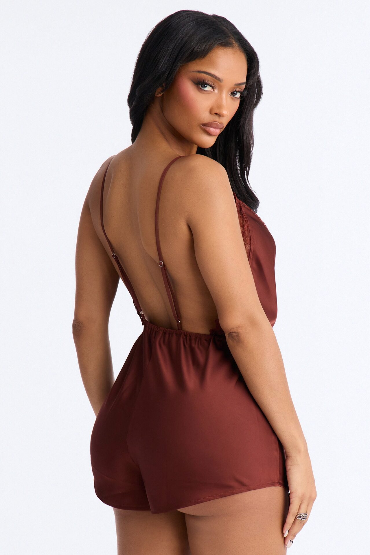Grace Satin Backless Micro Romper - Chocolate