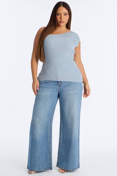 Not So Ordinary One Shoulder Sweater Top - Light Blue