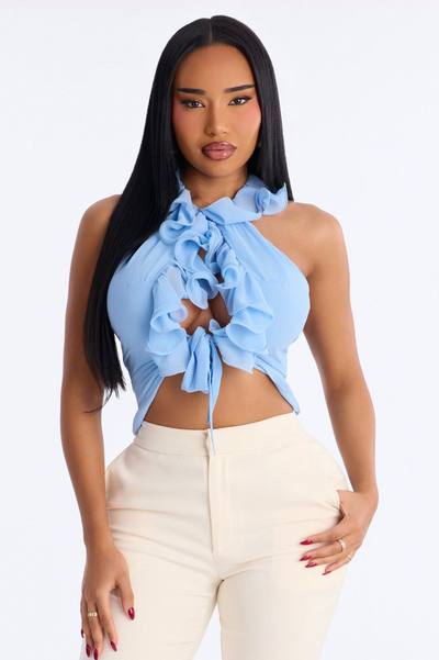 Kissed By Paris Light Ruffle Chiffon Halter Top - Periwinkle
