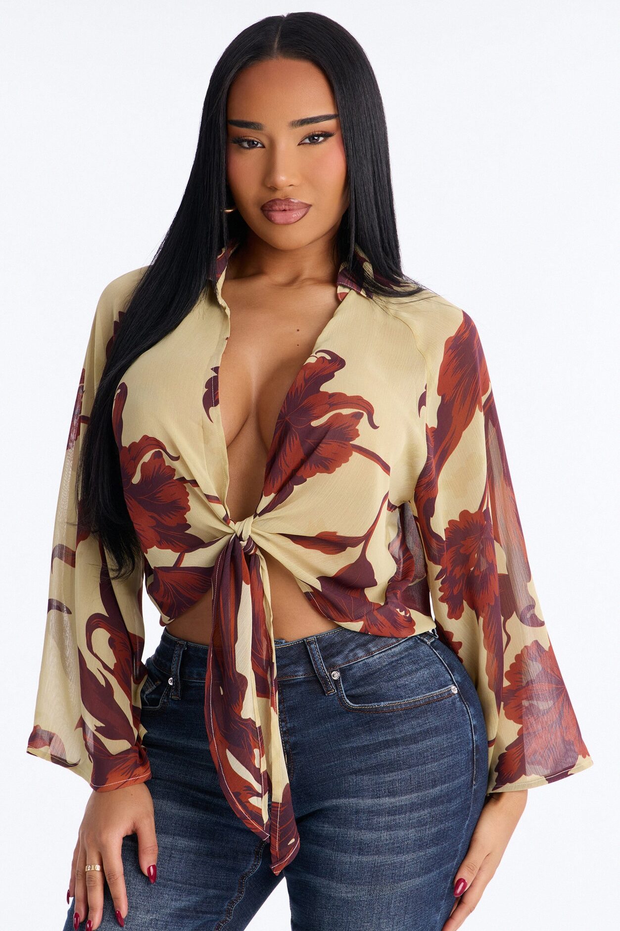 Vacay Cutie Tie Front Chiffon Top - Cream/combo