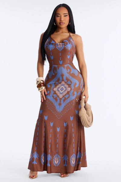 Jessica Backless Printed Maxi Dress - Brown/combo