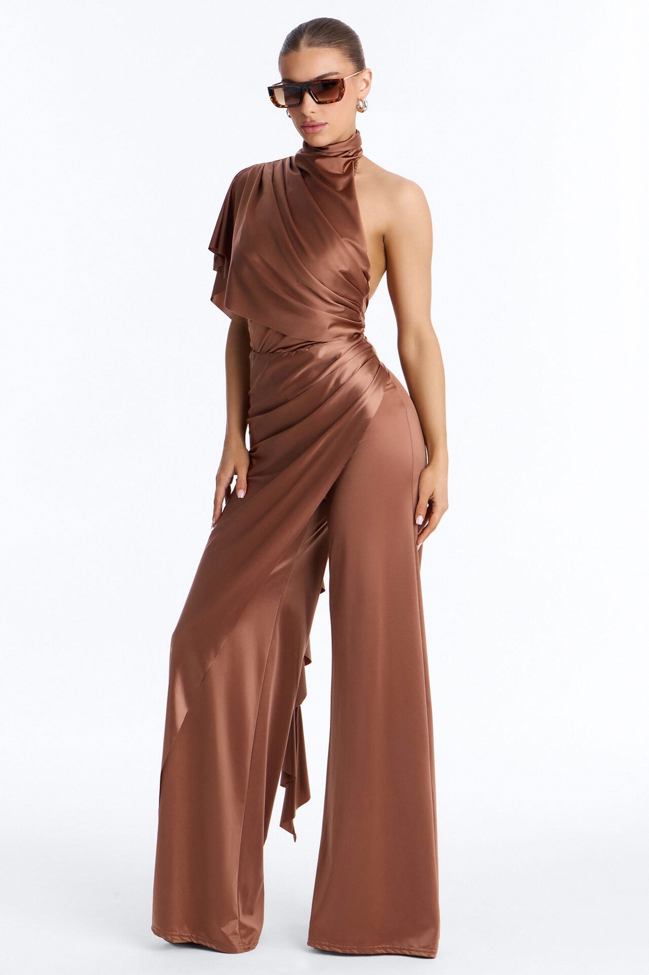 Chic Motives Draped Wide Leg Jumpsuit - Bronze