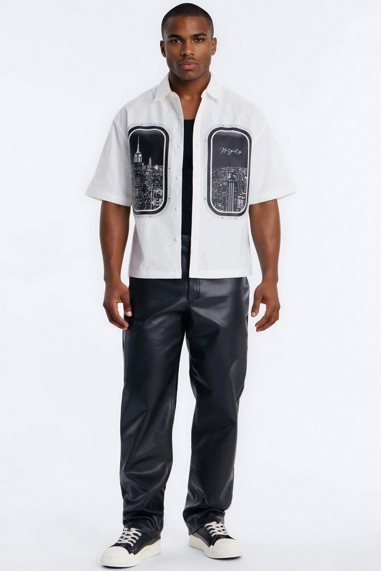 Skyline Views Short Sleeve Button Up Shirt - White