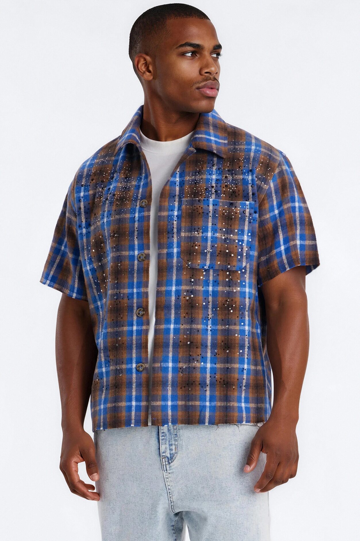 Jeweled Plaid Raw Hem Button Up Shirt - Blue