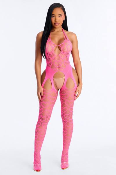 Calista Crotchless Heart Jumpsuit Bodystocking - Pink