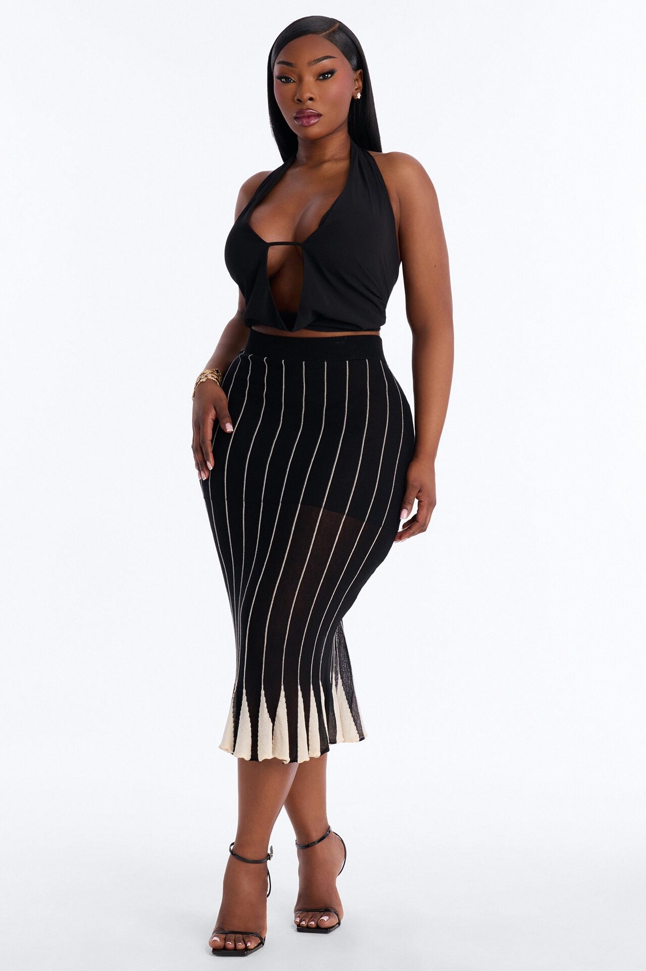 Lizette Stiped Flare Midi Skirt - Black/combo